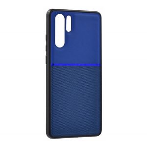 Protecție din plastic pentru telefon (cadru din silicon, rezistență medie la impact, placă metalică încorporată, spate cu efect piele, model în dungi) ALBASTRU ÎNCHIS Huawei P30 Pro