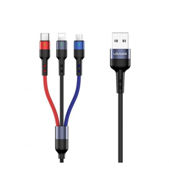 Cablu de date USAMS U26 3in1 (USB - lightning/Type-C/microUSB, 2A, încărcător rapid, 35cm) NEGRU