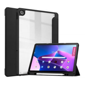 Carcasa in picioare, efect piele (FLIP, spate transparent, deschidere laterala, TRIFOLD, suport birou, suport creion) NEGRU Lenovo Tab M10 Plus (TB128) LTE, Lenovo Tab M10 Plus (TB125) WIFI