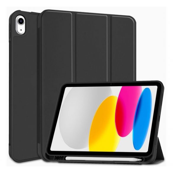 Husă în picioare, efect piele (FLIP activ, deschidere laterală, TRIFOLD, suport pentru birou, suport pentru creion) BLACK Apple IPAD 10.9 (2022)