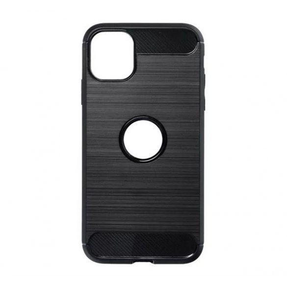 Protector de telefon din silicon (rezistență medie la impact, colț cu pernă de aer, periat, model carbon, decupat logo) NEGRU Apple iPhone 14 Pro