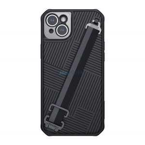 Protectie din plastic pentru telefon NILLKIN STRAP (rezistenta la impact mediu, protectie metalica pentru camera + curea de incheietura, model in dungi) NEGRU Apple iPhone 14 Plus