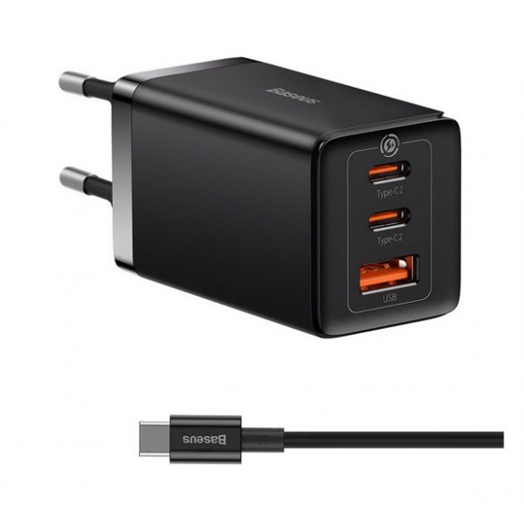 Încărcător BASEUS USB+2 prize de tip C (65W, încărcător rapid PD + cablu de tip C) NEGRU