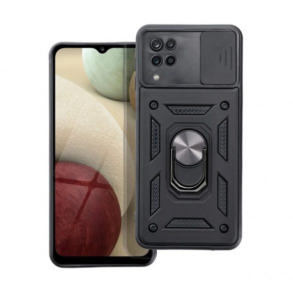 Protector de telefon din plastic Defender (rezistență la impact, interior din silicon, inel de reținere, protecție pentru cameră) NEGRU Samsung Galaxy A12 (SM-A125F, SM-A127F)