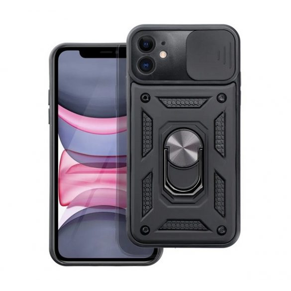 Apărător de telefon din plastic Defender (rezistent la impact mediu, interior din silicon, inel suport pentru telefon, protecție cameră) negru Apple iPhone 11