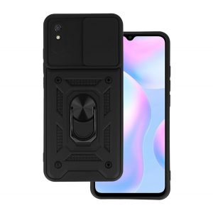 Protector de telefon din plastic Defender (rezistenta medie la impact, interior din silicon, inel suport telefon, protectie camera) NEGRU Xiaomi Redmi 9A (Redmi 9 AT)