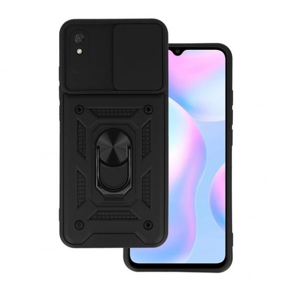 Protector de telefon din plastic Defender (rezistenta medie la impact, interior din silicon, inel suport telefon, protectie camera) NEGRU Xiaomi Redmi 9A (Redmi 9 AT)