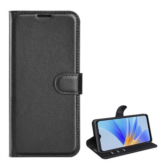 Carcasa in picioare, efect piele (FLIP, deschidere laterala, functie suport desktop, premium) NEGRU Oppo A17