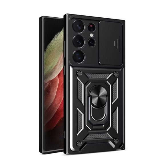 Protecție din plastic pentru telefon Defender (rezistență medie la impact, interior din silicon, inel suport pentru telefon, protecție cameră foto) negru Samsung Galaxy S23 Ultra (SM-S918)