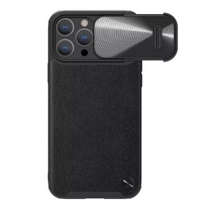 Protector de telefon din plastic NILLKIN CAMSHIELD LEATHER (rezistent mediu la șocuri, panou din spate cu efect de piele ECO, protecție pentru cameră) NEGRU Apple iPhone 14 Pro