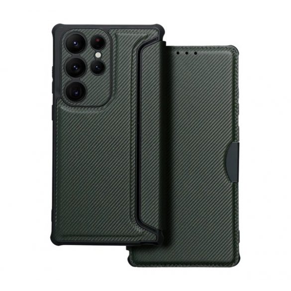 Carcasă în picioare, efect piele (FLIP, deschidere laterală, colț cu pernă de aer, protecție pentru cameră, model carbon) VERDE ÎNCHIS Samsung Galaxy S23 Ultra (SM-S918)