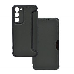 Carcasă în picioare, efect piele (FLIP, deschidere laterală, colț cu pernă de aer, protecție pentru cameră, model carbon) VERDE ÎNCHIS Samsung Galaxy S23 (SM-S911)