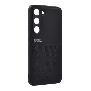 Protecție din plastic pentru telefon (cadru din silicon, rezistență medie la impact, placă metalică încorporată, spate cu efect piele, model în dungi) NEGRU Samsung Galaxy S23 (SM-S911)