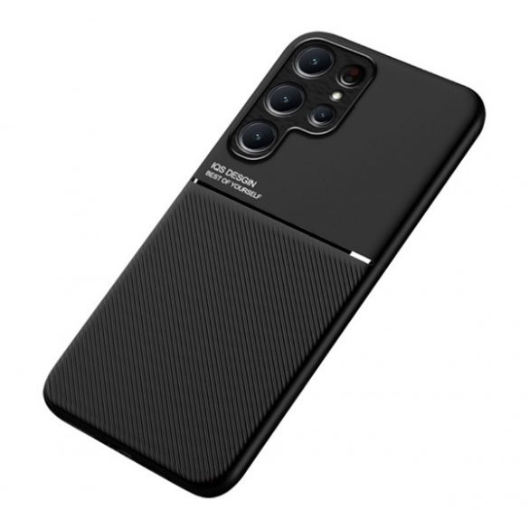 Protecție din plastic pentru telefon (cadru din silicon, rezistență medie la impact, placă metalică încorporată, spate cu efect piele, model în dungi) NEGRU Samsung Galaxy S23 Ultra (SM-S918)