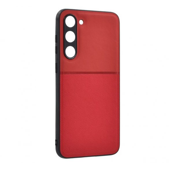 Protecție din plastic pentru telefon (cadru din silicon, rezistență medie la impact, placă metalică încorporată, spate cu efect piele, model în dungi) ROȘU Samsung Galaxy S23 (SM-S911)