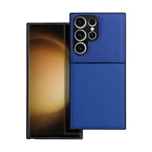 Protecție din plastic pentru telefon (cadru din silicon, rezistență medie la impact, placă metalică încorporată, spate cu efect piele, model în dungi) ALBASTRU ÎNCHIS Samsung Galaxy S23 Ultra (SM-S918)