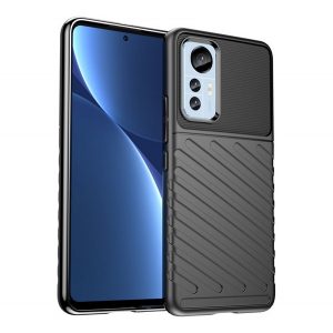 Protectie de telefon din silicon (rezistenta medie la impact, cu dungi, model convex) NEGRU Xiaomi 12 Lite