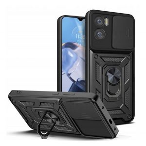 Protecție din plastic pentru telefon Defender (rezistență medie la impact, interior din silicon, inel suport pentru telefon, protecție cameră foto) negru Motorola Moto E22 (XT2239), Motorola Moto E22i