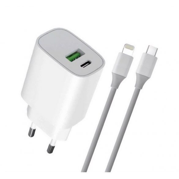 4-OK încărcător de rețea USB+priză de tip C (20W, încărcător rapid PD 3.0 + cablu lightning) ALB