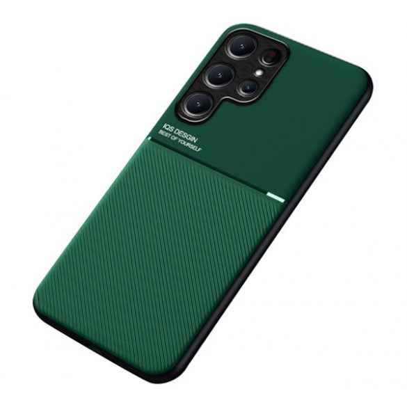 Protecție din plastic pentru telefon (cadru din silicon, rezistență medie la impact, placă metalică încorporată, spate cu efect piele, model în dungi) VERDE ÎNCHIS Samsung Galaxy S23 Ultra (SM-S918)