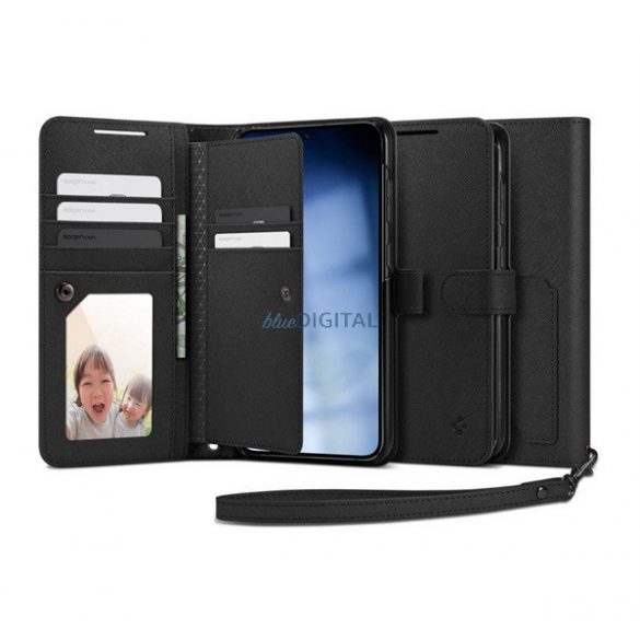 Husă SPIGEN WALLET S PLUS în picioare, efect piele (FLIP, deschidere laterală, model textil) NEGRU Samsung Galaxy S23 Plus (SM-S916)