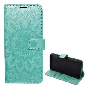 Husă stativă, efect piele (FLIP, deschidere laterală, desktop, curea de încheietură, model mandala) CYAN Samsung Galaxy A04s (SM-A047F), Samsung Galaxy A13 5G (SM-A136)