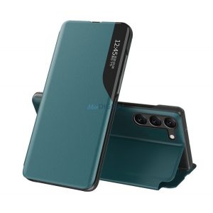 Husă în picioare, efect de piele ECO (FLIP activ, deschidere laterală, funcție de suport pentru birou, afișare număr de telefon, fereastră de vizualizare) VERDE ÎNCHIS Samsung Galaxy S23 Plus (SM-S916)