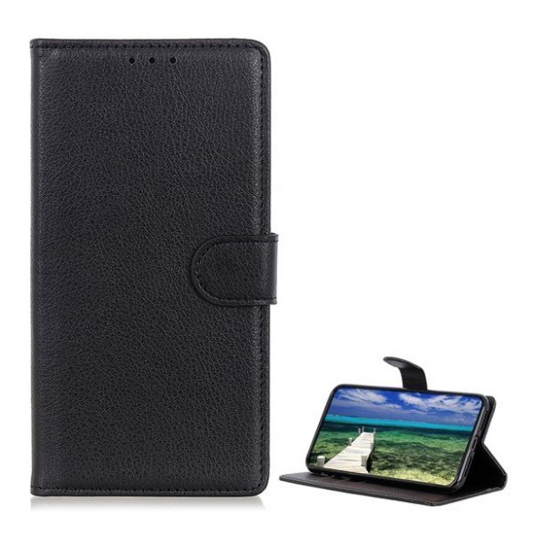 Carcasa in picioare, efect piele (FLIP, deschidere laterala, functie suport birou, premium) NEGRU Nokia G60