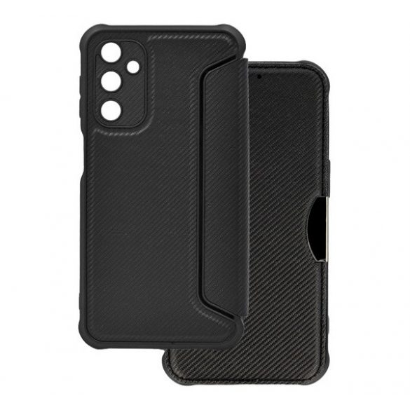 Husă stativă, efect piele (FLIP, deschidere laterală, hover, protecție cameră, model carbon) negru Samsung Galaxy A14 5G (SM-A146), Samsung Galaxy A14 4G (SM-A145)