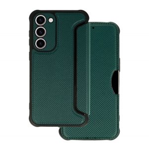 Husă în picioare, efect piele (FLIP, deschidere laterală, colț cu pernă de aer, protecție pentru cameră, model carbon) VERDE ÎNCHIS Samsung Galaxy A14 5G (SM-A146), Samsung Galaxy A14 4G (SM-A145)