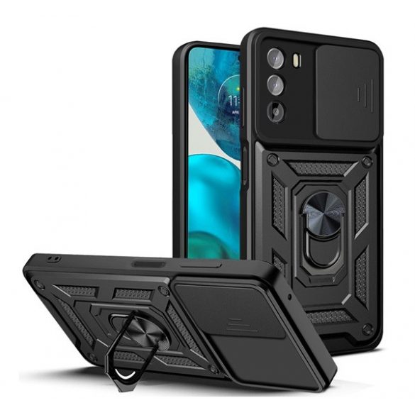 Protector de telefon din plastic Defender (rezistenta la impact mediu, interior din silicon, inel suport telefon, protectie camera) NEGRU Motorola Moto G82 (XT2225), Motorola Moto G52