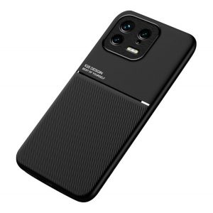 protecțiede telefon din plastic (cadru din silicon, rezistent la impact mediu, placă metalică încorporată, spate cu efect de piele, model cu dungi) negru Xiaomi 13