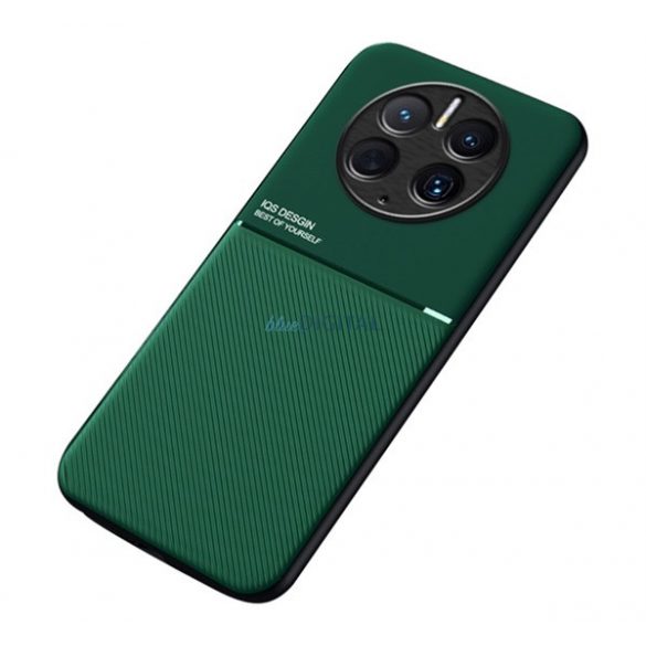 Protectie din plastic pentru telefon (cadru din silicon, rezistenta medie la impact, placa metalica incorporata, spate cu efect piele, model in dungi) VERDE INCHIS Huawei Mate 50 Pro