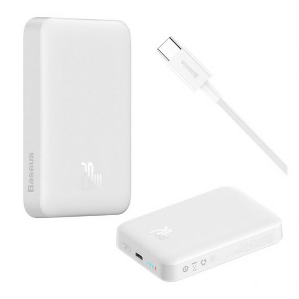 Încărcător de urgență BASEUS MAGNETIC MINI OS Priză tip C (10000mAh, 20W, încărcător rapid PD, fără fir, MagSafe + cablu tip C) ALB