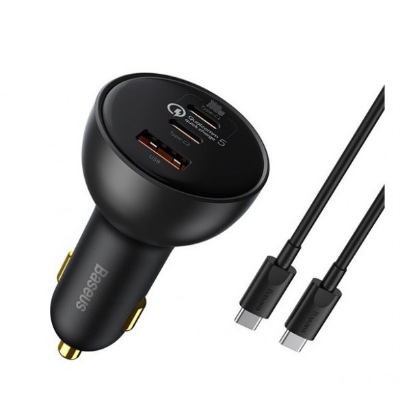 BASEUS QUALCOMM încărcător auto USB+2 priză tip C (100W, încărcător rapid PD 5.0 ​​+ cablu tip C) NEGRU