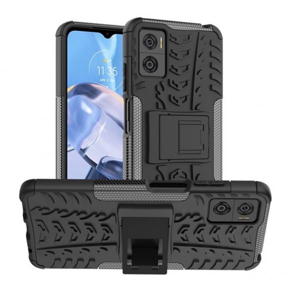 Protecție din plastic pentru telefon Defender (rezistență medie la impact, interior din silicon, anti-alunecare, model anvelope auto) negru Motorola Moto E22 (XT2239), Motorola Moto E22i