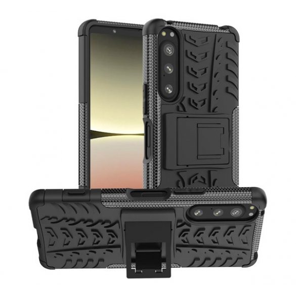 Protector de telefon din plastic Defender (rezistenta la impact mediu, interior din silicon, suport, model anvelope auto) NEGRU Sony Xperia 5 IV (XQCQ54)