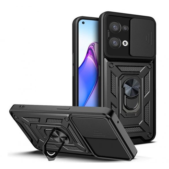 Defender din plastic protecțiede telefon (rezistent la impact mediu, interior din silicon, inel titular de telefon, protecția camerei) negru Oppo Reno 8