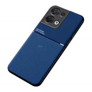 Protecție din plastic pentru telefon (cadru din silicon, rezistență medie la impact, placă metalică încorporată, spate cu efect piele, model în dungi) ALBASTRU ÎNCHIS Oppo Reno 8 Pro