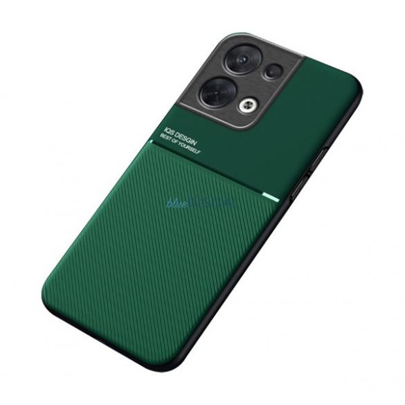 Protecție din plastic pentru telefon (cadru din silicon, rezistență medie la impact, placă metalică încorporată, spate cu efect piele, model în dungi) VERDE ÎNCHIS Oppo Reno 8 Pro