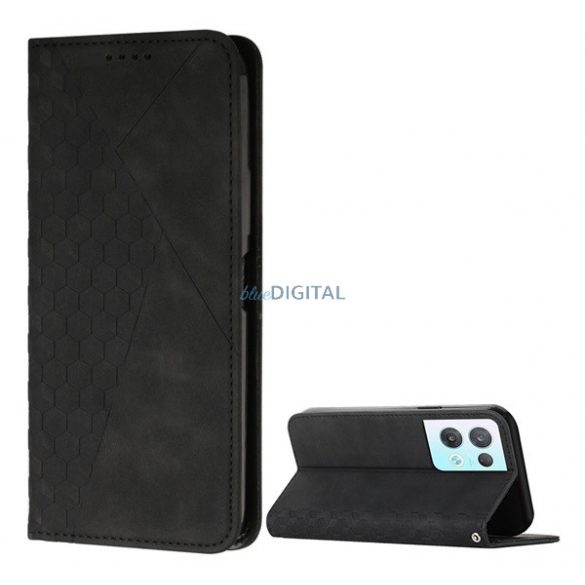 Carcasa in picioare, efect piele (FLIP, deschidere laterala, functie suport desktop, model 3D romb, premium) NEGRU Oppo Reno 8 Pro