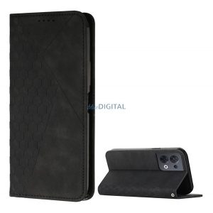 Carcasa in picioare, efect piele (FLIP, deschidere laterala, functie de suport desktop, model 3D romb, premium) NEGRU Oppo Reno 8