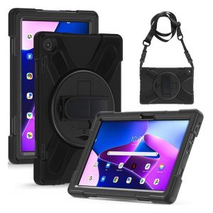 Protector de telefon Defender din plastic (rezistenta la impact, suport, 360° + curea de mana, curea de umar) NEGRU Lenovo Tab M10 (TB-328)