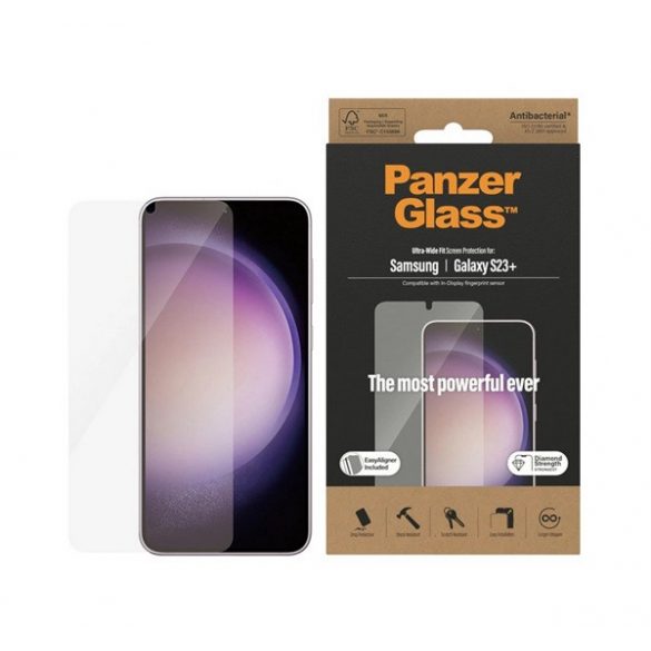 Sticlă de protecție pentru ecran PANZERGLASS (capac complet 3D, rezistent la zgârieturi, rezistent la impact, 9H + cadru de montare) TRANSPARENT Samsung Galaxy S23 Plus (SM-S916)