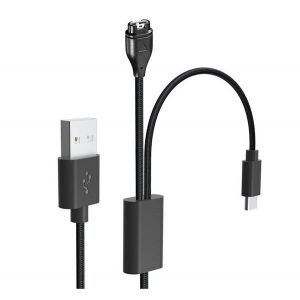 Cablu de încărcare 2in1 (USB - Garmin / conector Type-C, 115cm) negru Garmin Approach S62, Garmin Venu Sq Music, Garmin Venu 2S, Garmin Venu 2, Garmin Forerunner 745, Garmin Fenix 6S, Garmin Fenix 6 Sa