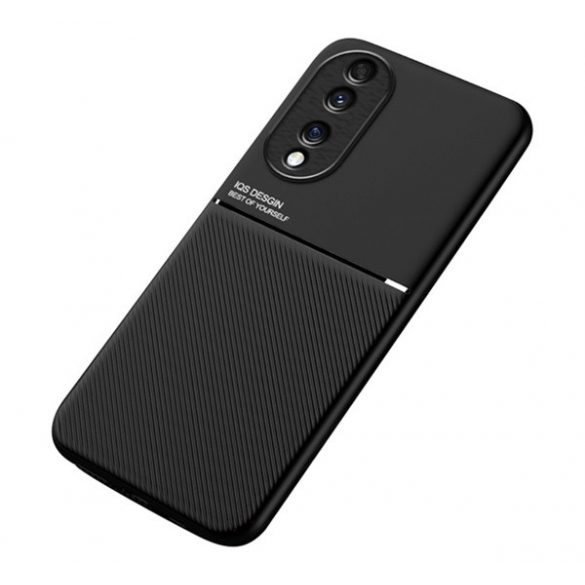 protecțiede telefon din plastic (cadru din silicon, rezistent la impact mediu, placă metalică încorporată, spate cu efect de piele, model cu dungi) negru Honor 70