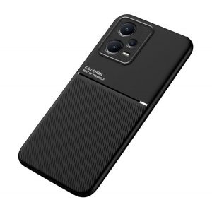 Protectie din plastic pentru telefon (cadru din silicon, rezistenta medie la impact, placa metalica incorporata, spate cu efect piele, model in dungi) NEGRU Xiaomi Redmi Note 12 Pro Plus