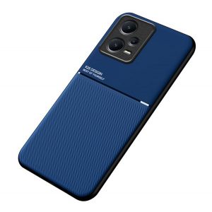 Protectie din plastic pentru telefon (cadru din silicon, rezistenta medie la impact, placa metalica incorporata, spate cu efect piele, model in dungi) ALBASTRU INCHIS Xiaomi Redmi Note 12 Pro Plus