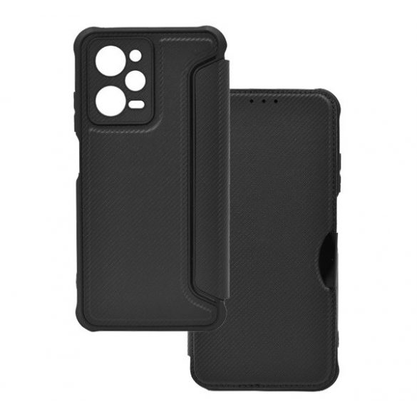 Carcasa in picioare, efect piele (FLIP, deschidere laterala, colt cu perna de aer, protectie camera, model carbon) NEGRU Xiaomi Redmi Note 12 Pro, Xiaomi Poco X5 Pro 5G