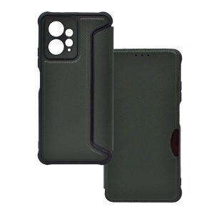 Carcasă în picioare, efect piele (FLIP, deschidere laterală, colț cu pernă de aer, protecție pentru cameră, model carbon) VERDE ÎNCHIS Xiaomi Redmi Note 12 4G